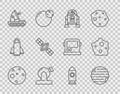 Set line Planet Mars, Robot, Astronomical observatory, rover, Satellite, Rocket ship and Asteroid icon. Vector