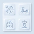 Set line Planet Mars, Mars rover, Astronomical observatory and Satellite dish. White square button. Vector Royalty Free Stock Photo