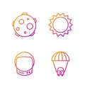 Set line Planet Saturn, Astronaut helmet, UFO abducts cow and Sun. Gradient color icons. Vector