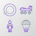 Set line Planet Saturn, Astronaut, Mars rover and Satellites orbiting the planet Earth icon. Vector Royalty Free Stock Photo