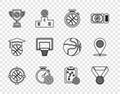 Set line Planning strategy, Basketball medal, Stopwatch with basketball, Award cup, backboard, and Location icon. Vector