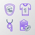Set line Planning strategy concept, Whistle, American football jersey and helmet and shield icon. Vector