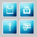 Set line Plastic bag, Open book, Disposable plastic spoon and Stop pollution icon. Vector