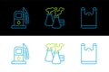 Set line Plastic bag, Petrol or gas station and Smoke from factory icon. Vector
