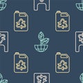 Set line Plastic bag with recycle, Eco fuel canister and Earth globe and plant on seamless pattern. Vector Royalty Free Stock Photo