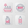 Set line Plastic beer bottle, Bottle opener, cap with and Conveyor band, icon. Vector