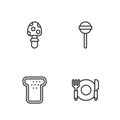 Set line Plate, fork and knife, Bread toast, Fly agaric mushroom and Lollipop icon. Vector