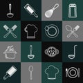 Set line Plate, fork and knife, Kitchen ladle, Crossed spoon, whisk, Chef hat, and Washing dishes icon. Vector Royalty Free Stock Photo