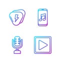 Set line Play in square, Microphone, Guitar pick and Music player. Gradient color icons. Vector
