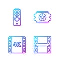 Set line Play Video, 4k movie, tape, frame, Remote control and Cinema ticket. Gradient color icons. Vector Royalty Free Stock Photo