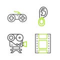 Set line Play Video, Retro cinema camera, Ear with earring and Gamepad icon. Vector