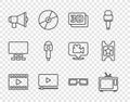 Set line Play Video, Retro tv, 3D word, Online play video, Megaphone, Microphone, cinema glasses and Cinema ticket icon