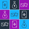 Set line Playing card with clubs, Game dice and Money bag icon. Vector