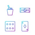 Set line Playing card with diamonds, Game dice, Champagne in an ice bucket and Stacks paper money cash. Gradient color Royalty Free Stock Photo