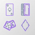 Set line Playing card with diamonds symbol, Game dice, Deck of playing cards and spades icon. Vector