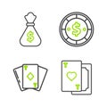 Set line Playing card with heart, diamonds, Casino chip dollar and Money bag icon. Vector