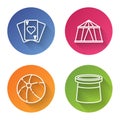 Set line Playing cards, Circus tent, Beach ball and Magician hat. Color circle button. Vector