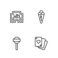 Set line Playing cards, Lollipop, Casino win and Ice cream waffle icon. Vector