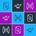 Set line Playing cards, Magic scroll and lamp or Aladdin icon. Vector