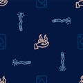 Set line Playing cards, Magic wand and Hand holding fire on seamless pattern. Vector Royalty Free Stock Photo
