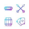 Set line Playing cards, Wooden barrel, Harmonica and Crossed arrows. Gradient color icons. Vector