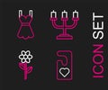 Set line Please do not disturb with heart, Flower, Candlestick and Woman dress icon. Vector