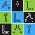 Set line Pliers tool, Corner ruler and Wrench spanner icon. Vector