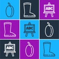 Set line Plum fruit, Chalkboard and Waterproof rubber boot icon. Vector