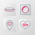 Set line 18 plus content heart, Location with, Condom in package and Leather fetish collar icon. Vector