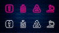 Set line Poison in bottle, Triangle warning toxic, Pipette and Microscope. Glowing neon icon on brick wall. Vector Royalty Free Stock Photo