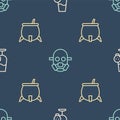 Set line Poisoned alcohol, Witch cauldron and Gas mask on seamless pattern. Vector