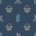 Set line Poisoned pill, Gas mask and Spray against insects on seamless pattern. Vector