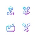 Set line Poisoned pill, Mortar and pestle, Bones skull and Bottle with potion. Gradient color icons. Vector