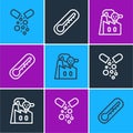 Set line Poisoned pill, Smoke from factory and Thermometer icon. Vector