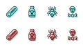 Set line Poisonous spider, Thermometer, Poisoned pill and Bones and skull icon. Vector