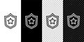Set line Police badge icon isolated on black and white, transparent background. Sheriff badge sign. Shield with star Royalty Free Stock Photo