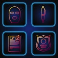 Set line Police badge, Lawsuit paper, Thief mask and Pen. Gradient color icons. Vector