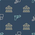 Set line Police beat human, Courthouse building and Pistol or gun on seamless pattern. Vector