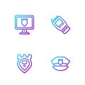 Set line Police cap with cockade, badge, database and Walkie talkie. Gradient color icons. Vector Royalty Free Stock Photo