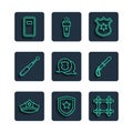Set line Police cap with cockade, badge, Prison window, Telescopic baton, assault shield and rubber icon. Vector Royalty Free Stock Photo