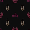 Set line Police car and flasher, Rocket ship with fire and Submarine on seamless pattern. Vector Royalty Free Stock Photo
