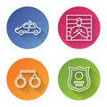 Set line Police car and flasher, Suspect criminal, Handcuffs and Police badge. Color circle button. Vector