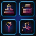 Set line Police officer, Magnifying glass with search, Prisoner and Retro typewriter. Gradient color icons. Vector