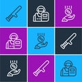 Set line Police rubber baton, Coins hand - minimal wage and officer icon. Vector