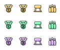 Set line Pommel horse, Medal, and Bowling pin icon. Vector