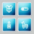 Set line Poncho, Burrito, Tequila bottle and Pinata icon. Vector