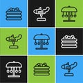 Set line Pool with balls, Attraction carousel and Swing plane icon. Vector