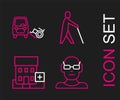 Set line Poor eyesight, Medical hospital building, Blind human holding stick and Disabled car icon. Vector