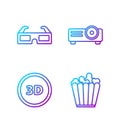 Set line Popcorn in box, 3D word, 3D cinema glasses and Movie, film, media projector. Gradient color icons. Vector Royalty Free Stock Photo