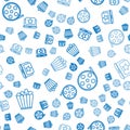 Set line Popcorn in box, Film reel and Laptop with star on seamless pattern. Vector